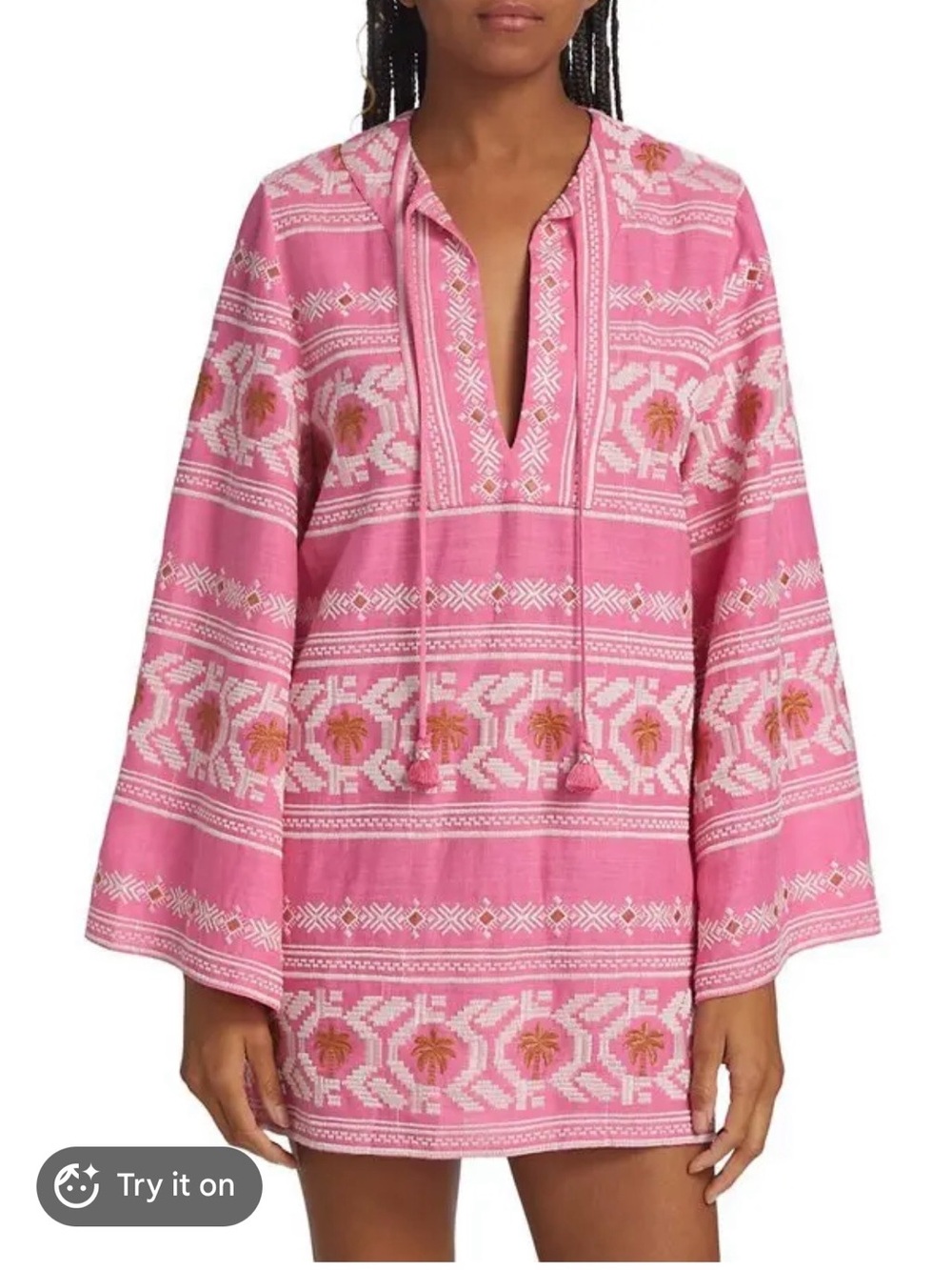 Johanna Ortiz Pink Embroidered Mini Tunic Dress